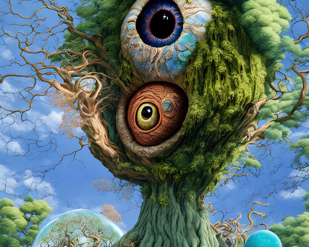 Surreal artwork: tree face with eyes, branch hair, in forest
