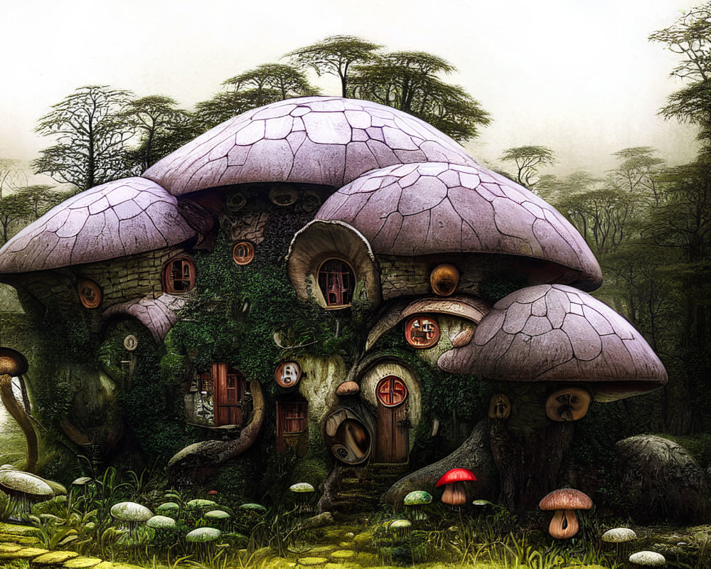 Illustration of Mushroom-Shaped House in Mystical Forest