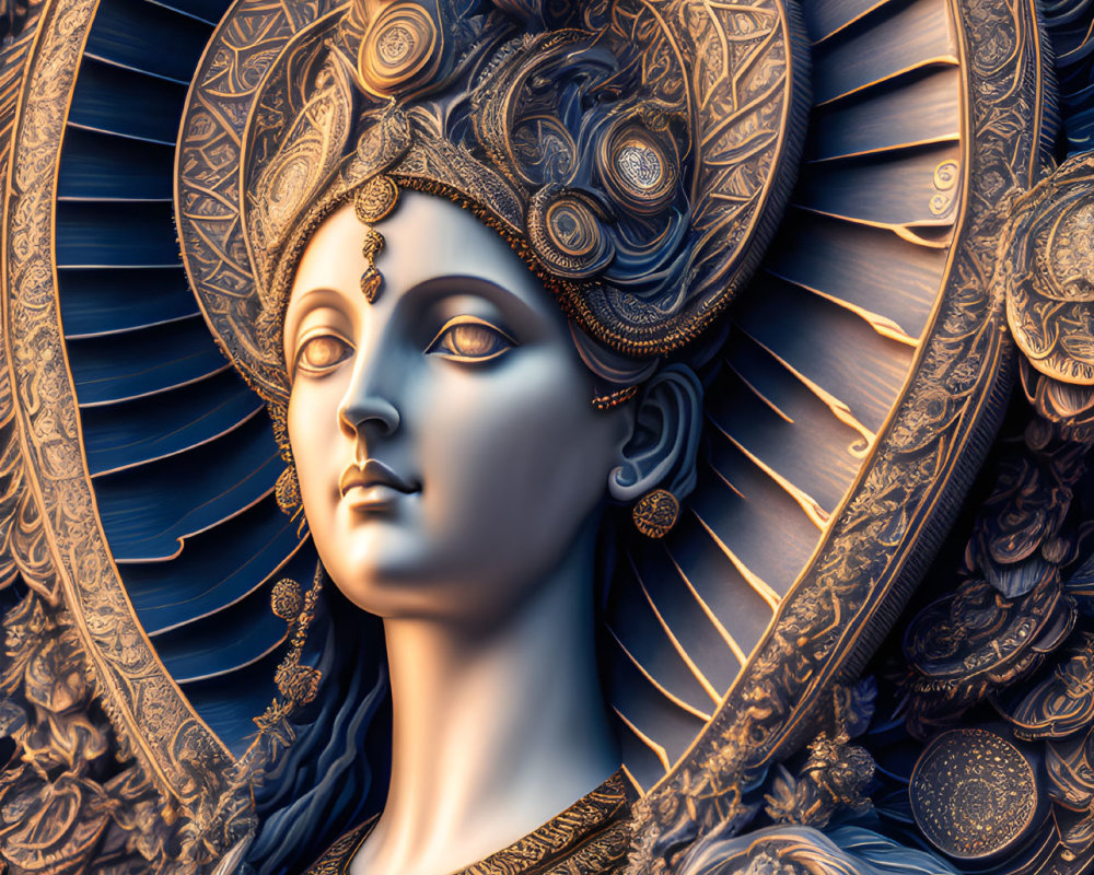 Detailed Artwork of Regal Female Figure with Ornate Headdress and Background