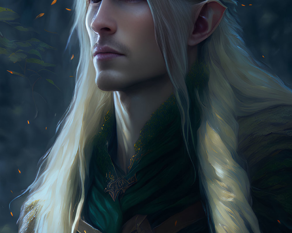 Ethereal elf with long blonde hair in twilight forest