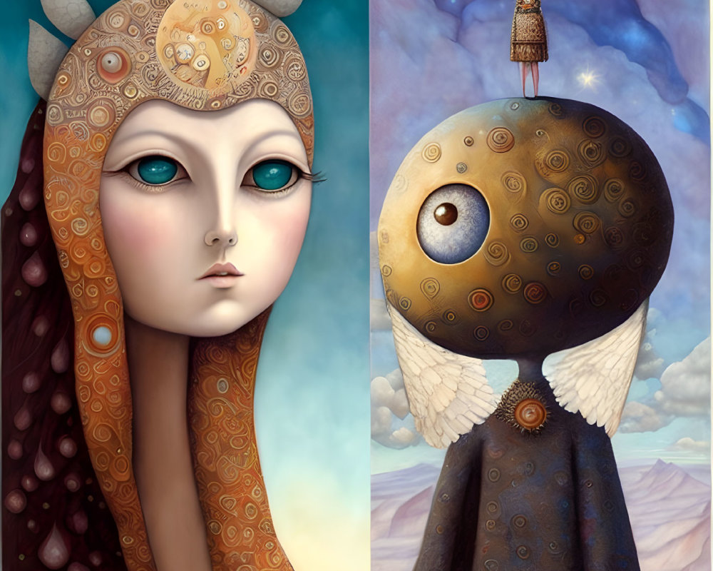 Surreal portraits: Female figure with moon crown & entity with eye head in desert.