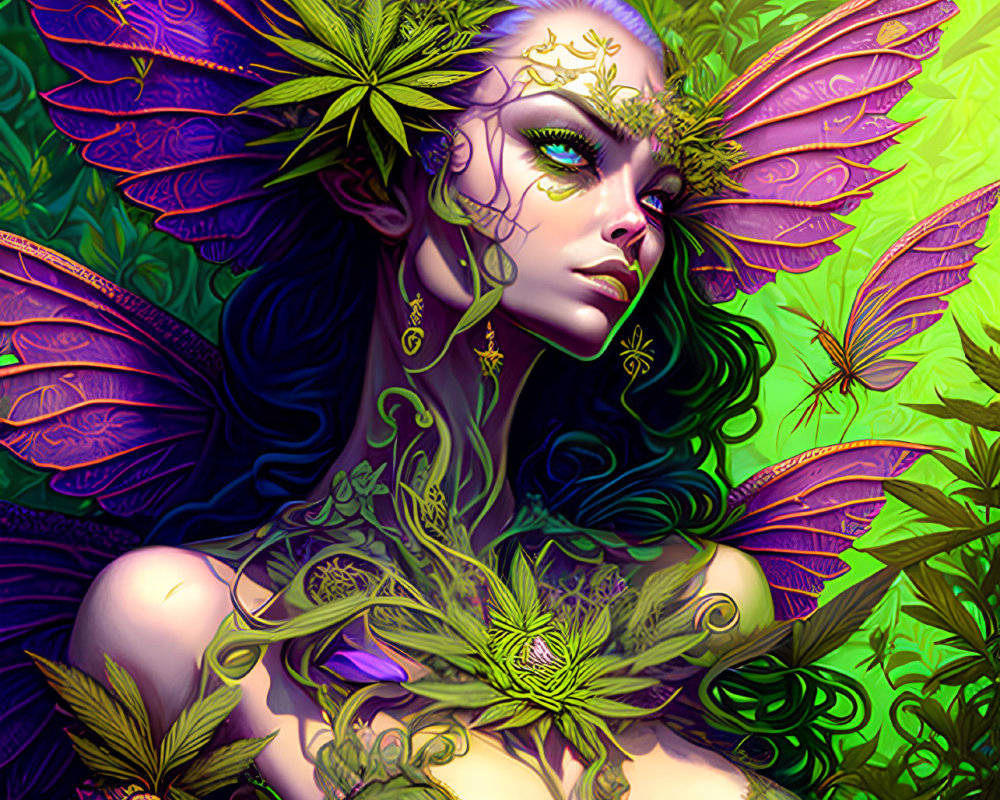 Colorful fairy with cannabis-themed wings and attire in vibrant flora setting