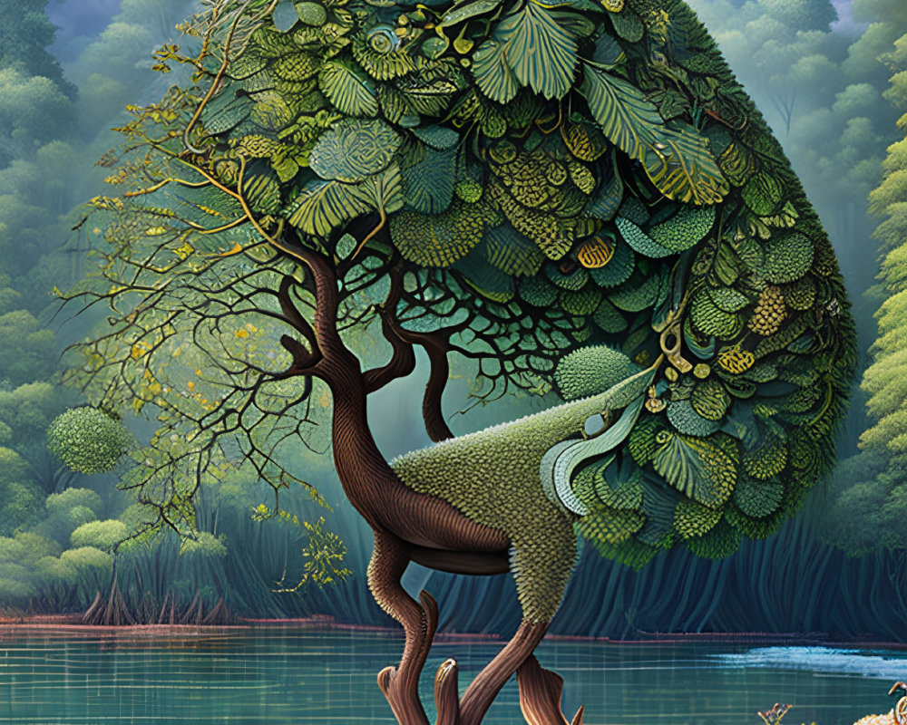 Surreal peacock-shaped tree illustration by tranquil lake