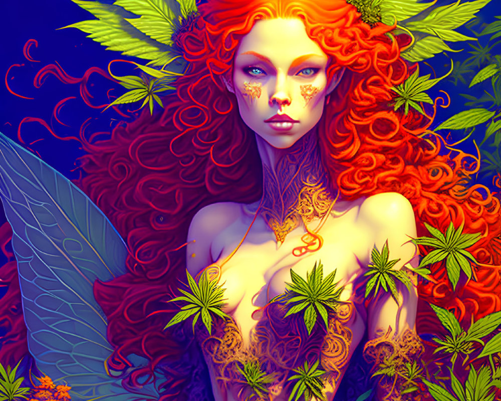 Mythical woman with red hair and cannabis leaves on blue background