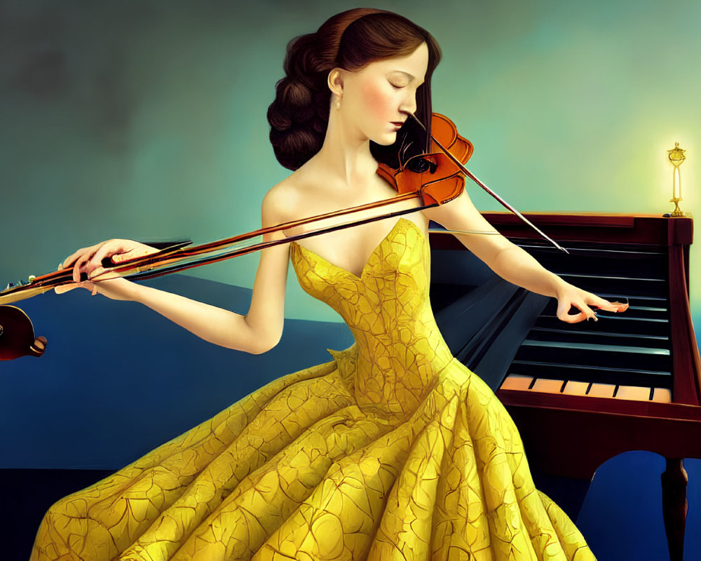 Woman in Yellow Dress Playing Violin with Piano on Blue Background