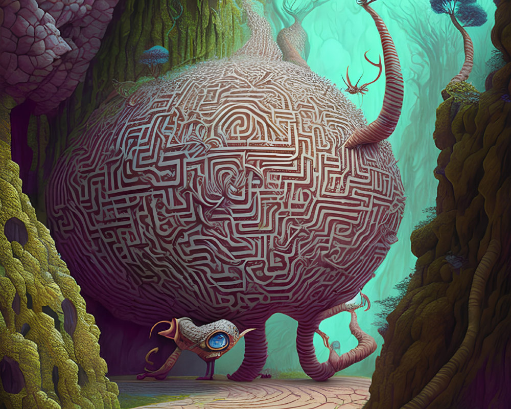 Surreal forest with maze-like sphere, vein-textured tree trunks, and character with staff