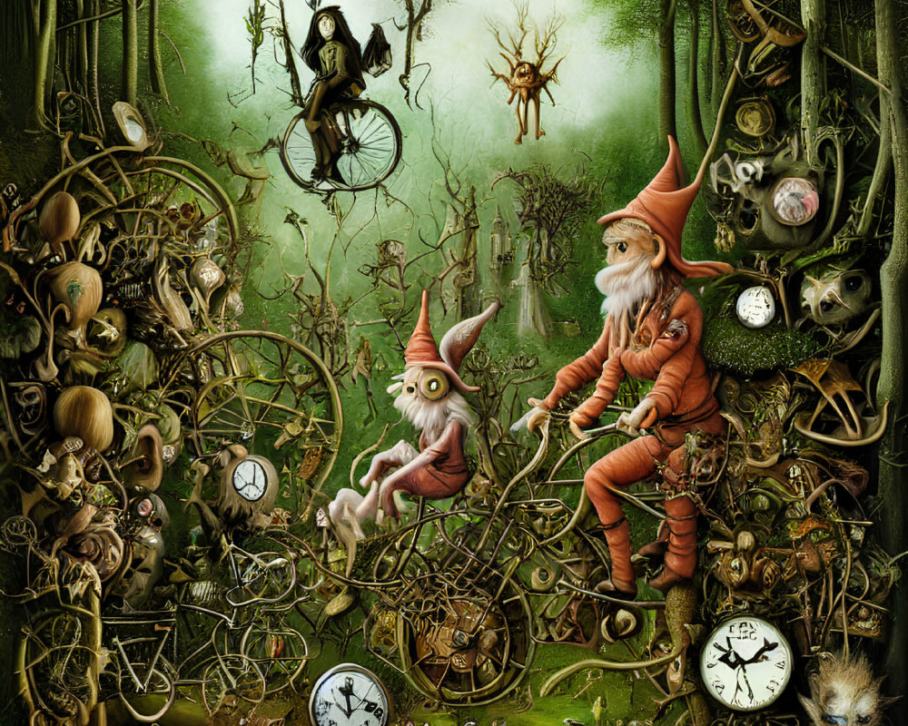 Steampunk forest scene with gnome-like characters and clocks