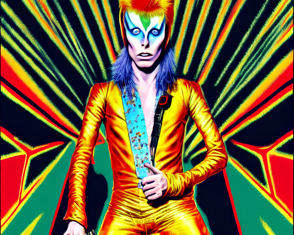 Colorful illustration of person in dramatic makeup and flamboyant outfit against psychedelic background