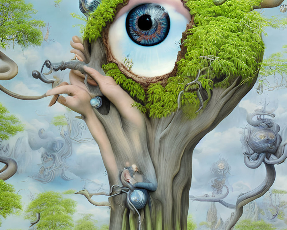 Surreal painting of tree with eye, moss, and fantasy elements