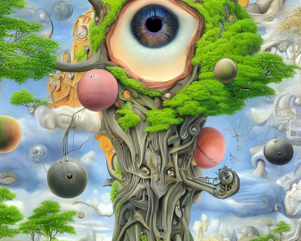 Surreal landscape featuring giant tree with eye, floating orbs, dreamlike scenery