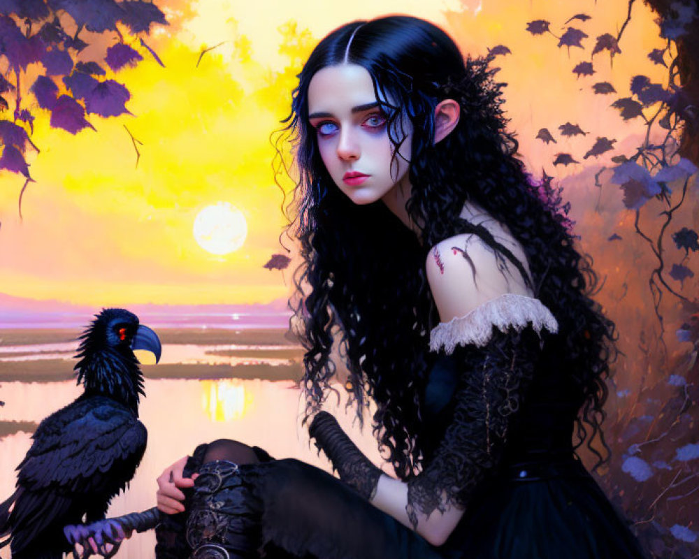 Gothic-themed image of pale woman with black hair and raven against purple sunset.