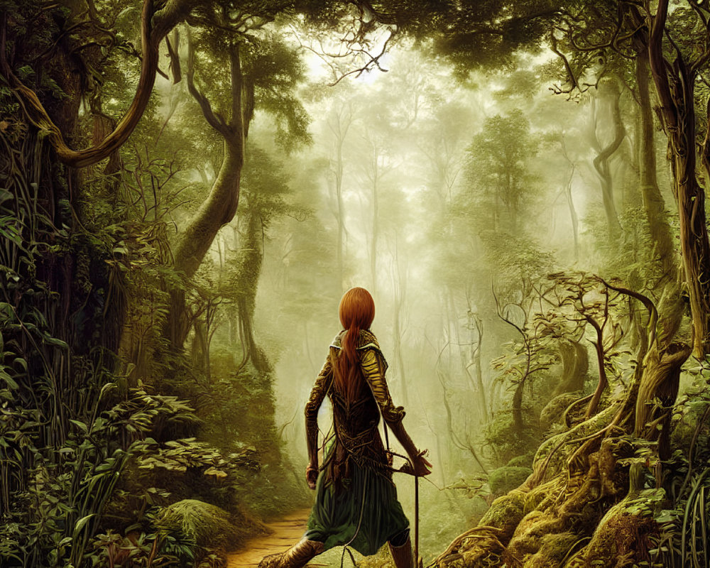 Fiery Red-Haired Person in Medieval Attire at Forest Edge