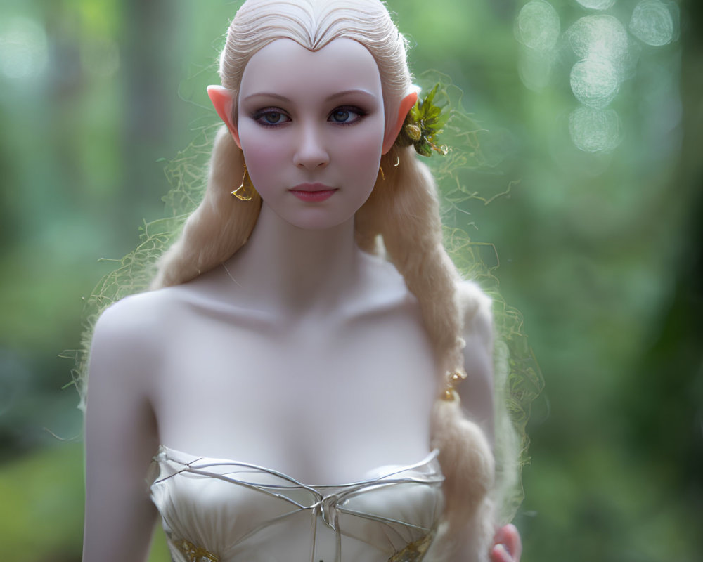Blonde fantasy character in white gown with pointed ears