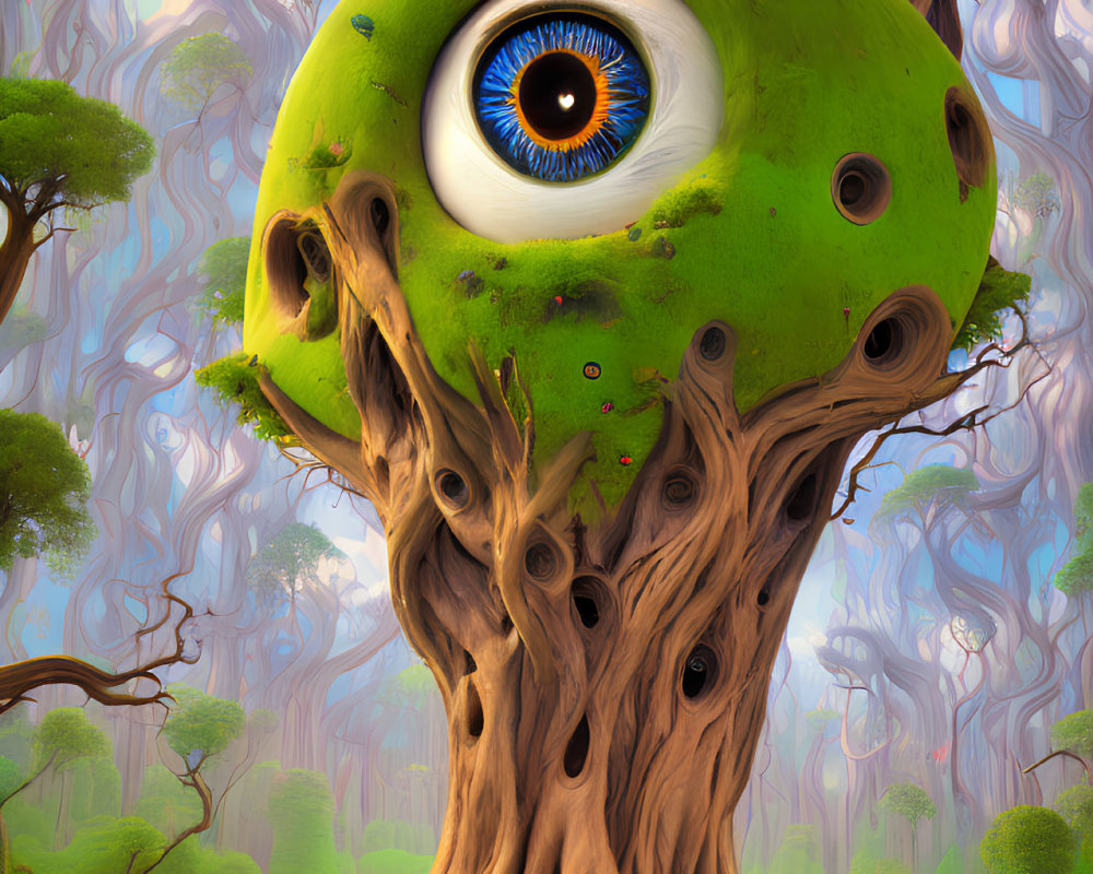 Fantastical tree with vivid blue eye in mystical forest