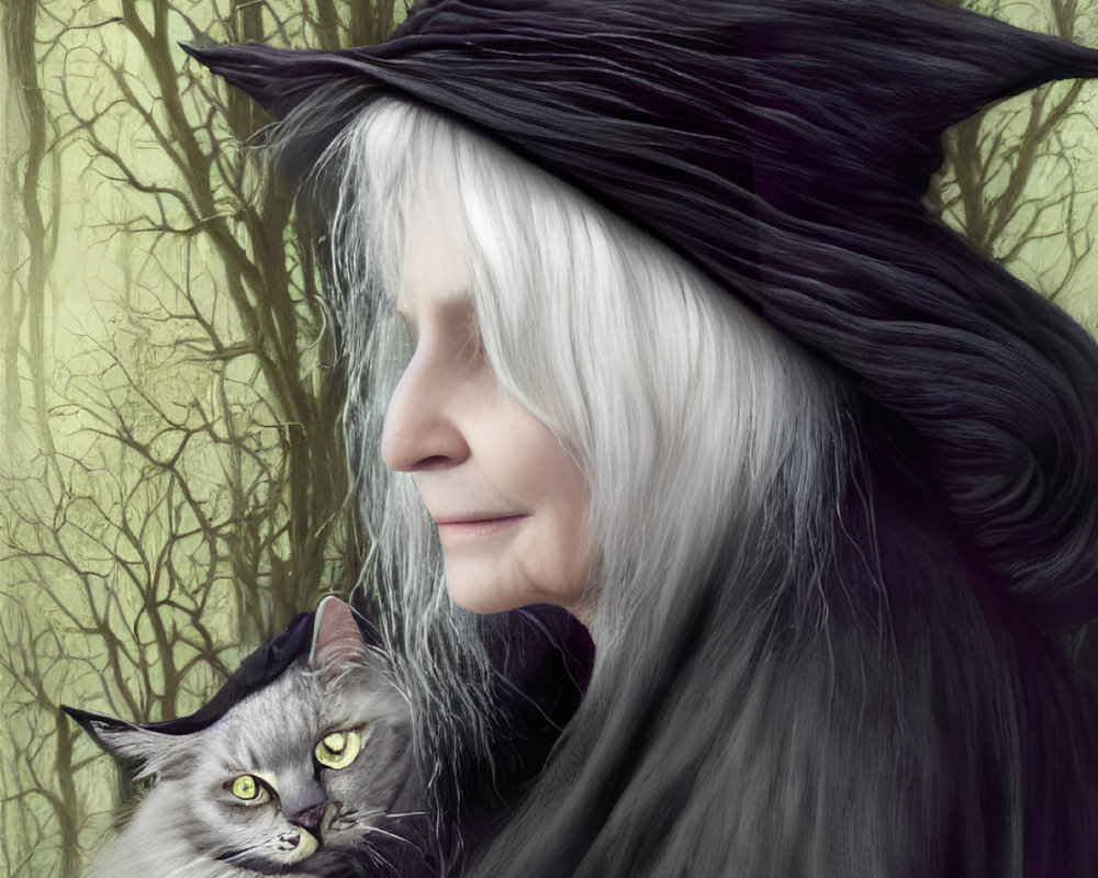 Elderly witch with white hair and black hat holding gray cat in spooky forest setting