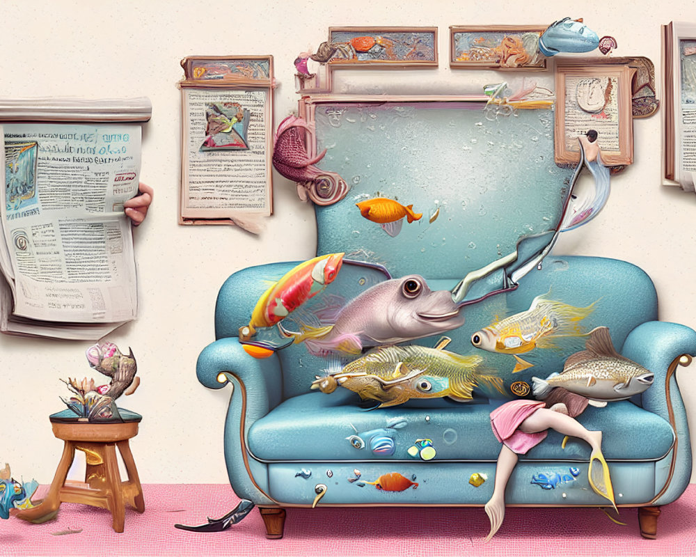 Surreal room with fish, floating teapot, and blue couch
