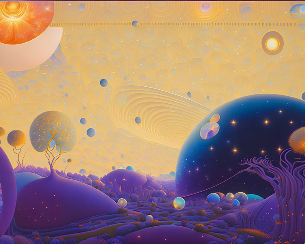 Colorful fantasy landscape with whimsical trees, bubbles, and distant planets under star-filled sky.
