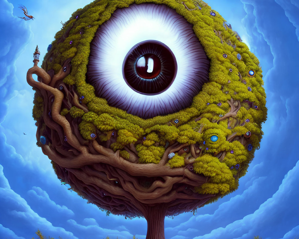 Surreal artwork: tree with large eye canopy, smaller eyes, lighthouse, blue sky