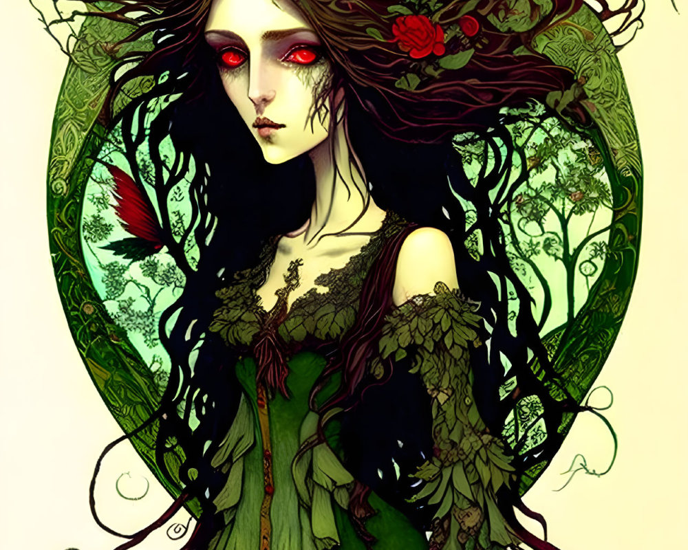 Mystical woman with red eyes in ornate green frame and intricate tree and floral patterns
