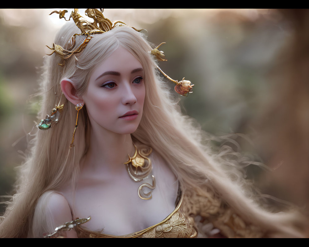 Fantasy character in ornate attire with crown and jewelry, featuring pointed ears, set against blurred natural