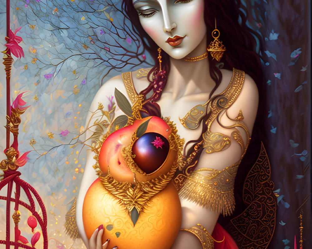 Mystical artwork of a woman with gold jewelry and ornate vessel in autumnal setting