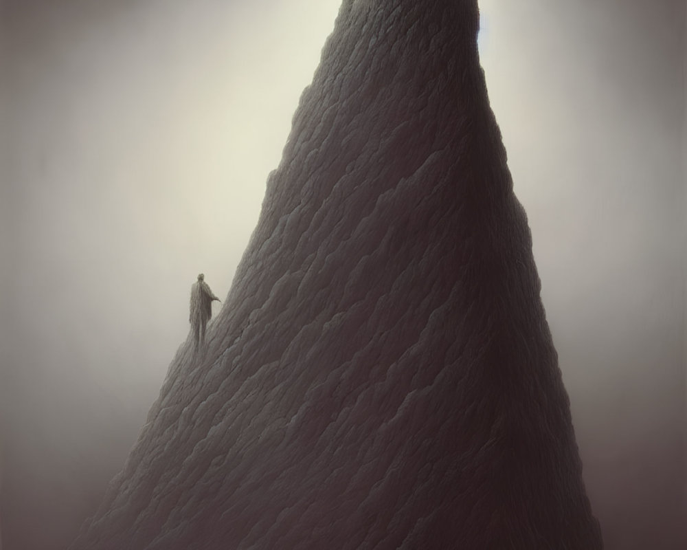 Mysterious figure in front of tall, textured spire in foggy landscape