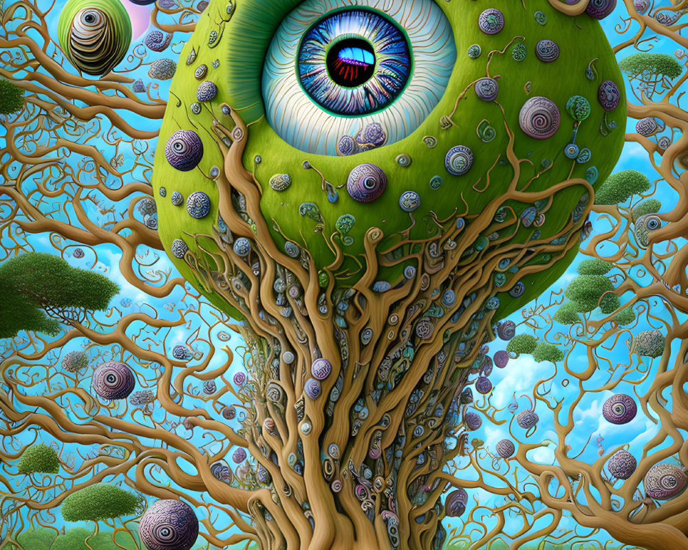 Surreal artwork: large eye in tree with intertwining branches and scattered smaller eyes