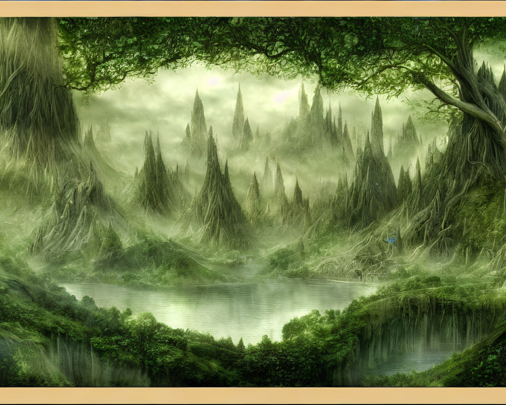 Mystical landscape with towering tree-rooted spires and tranquil lake