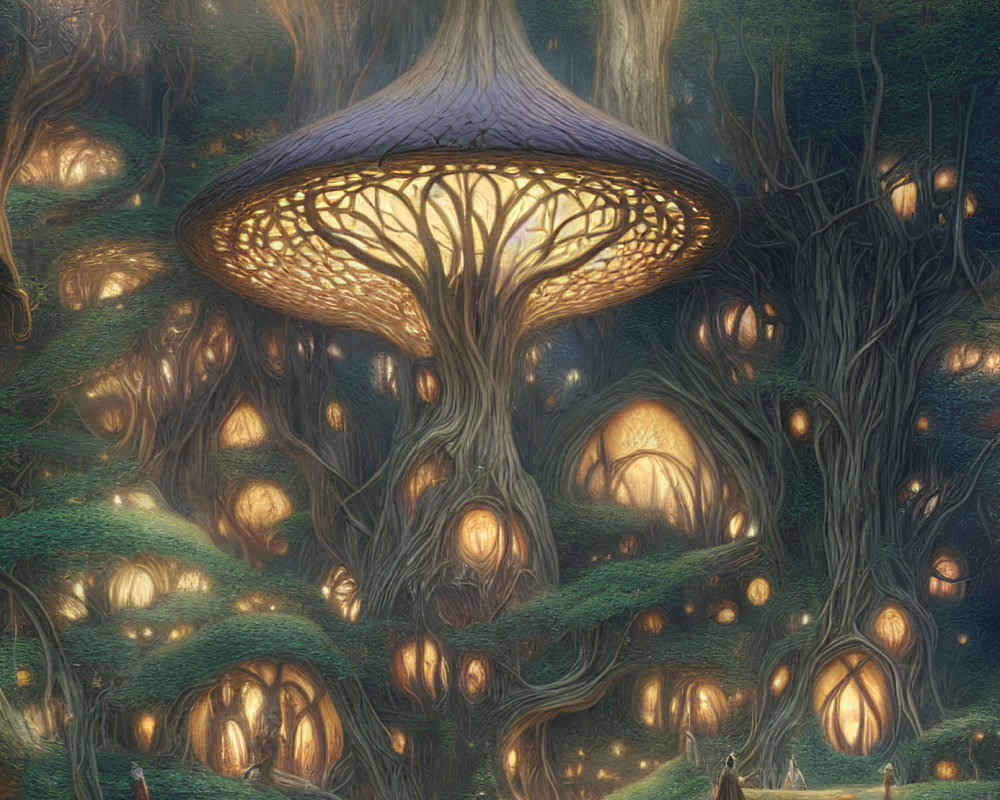 Enchanting night forest with giant luminescent mushroom and glowing pods