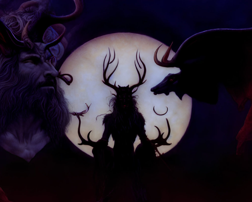 Mythological creatures with stag-like and demonic features under full moon