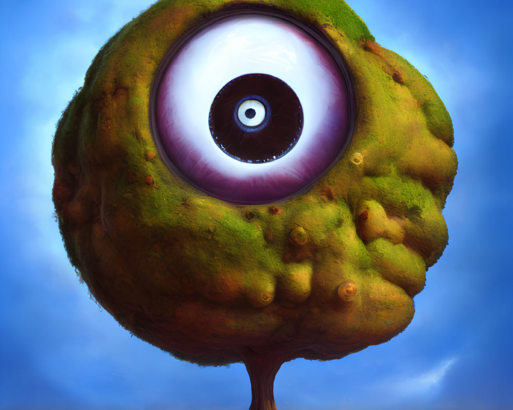 Surreal artwork: Tree with large eye canopy in desolate landscape