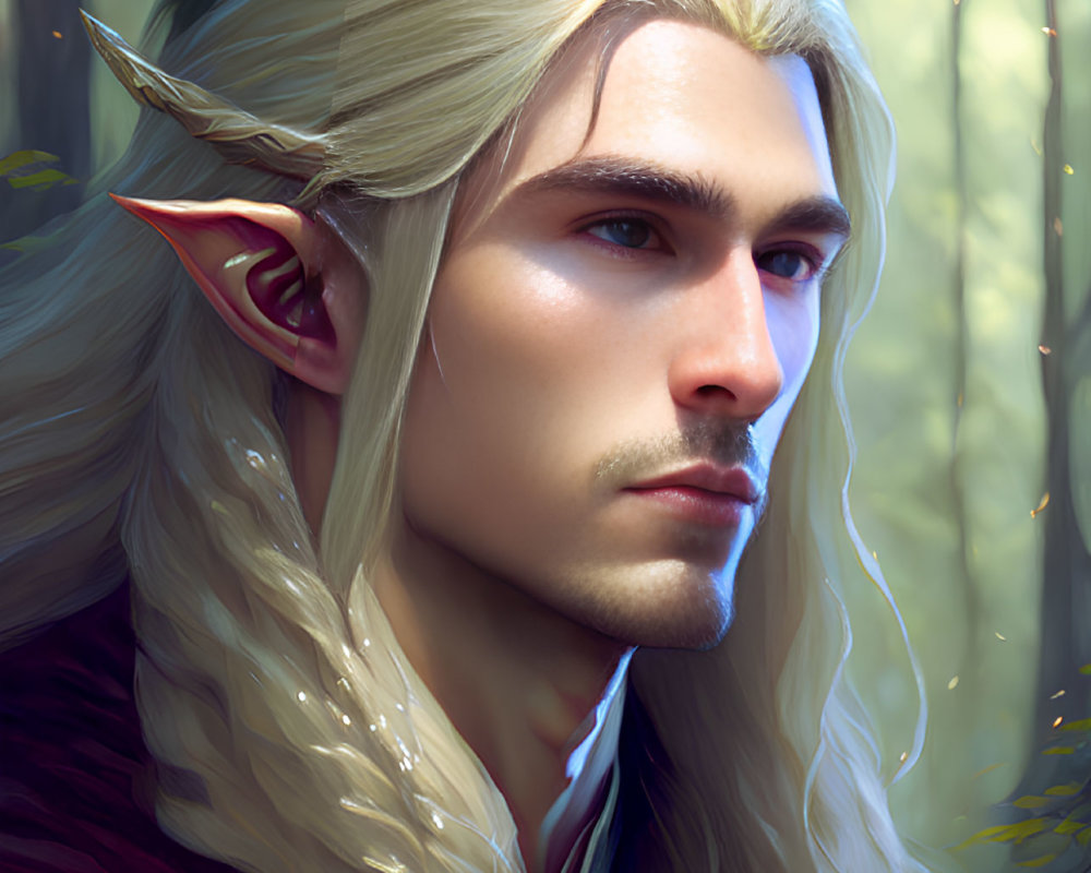 Blonde-haired elf in forest with pointed ears