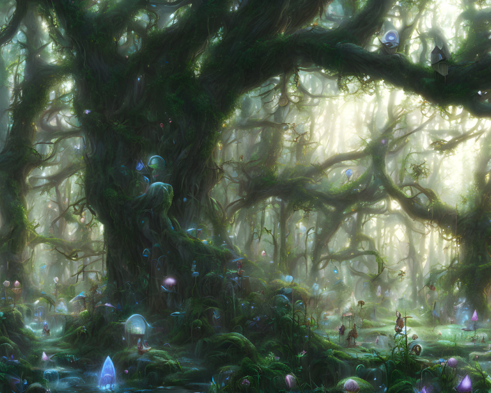 Ethereal forest with mystical trees and glowing flora