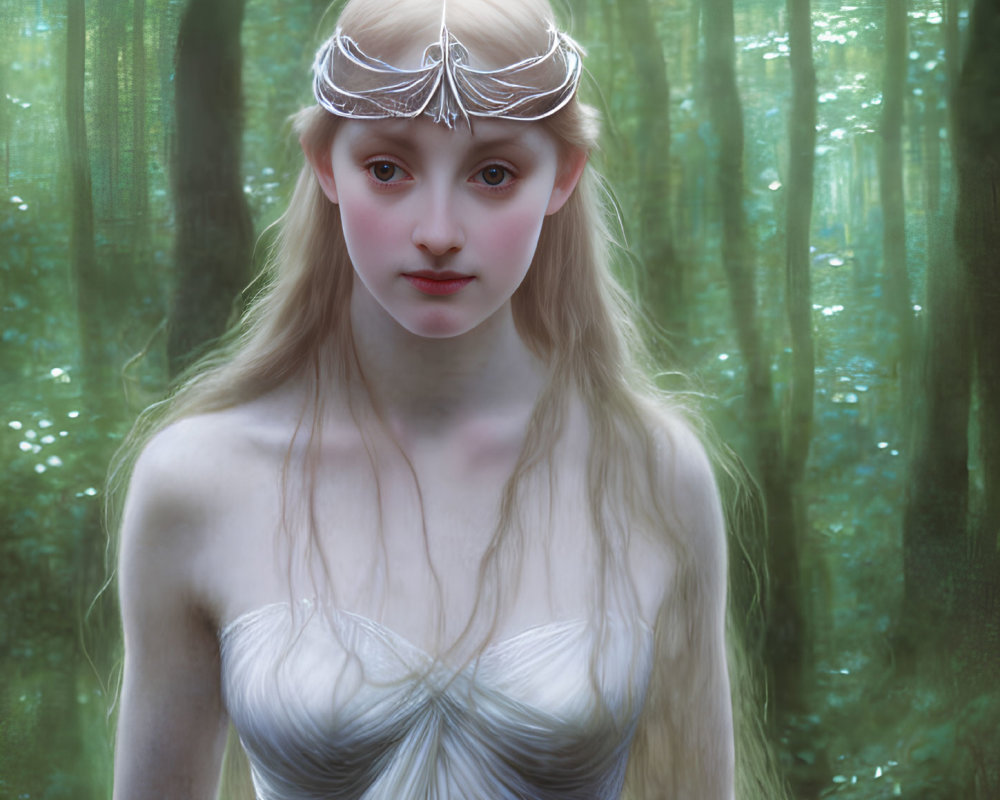 Ethereal woman with blonde hair in enchanted forest