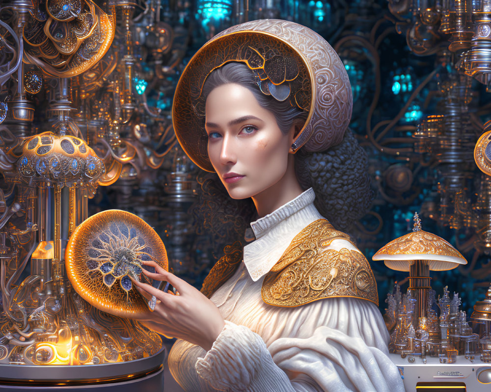 Elaborate steampunk-inspired woman with glowing orb in mechanical setting