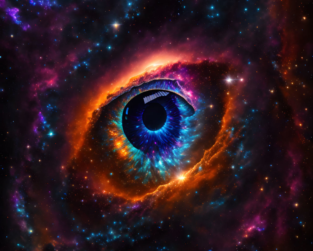 Surreal human eye merged with cosmic scenery in blue, purple, and orange hues