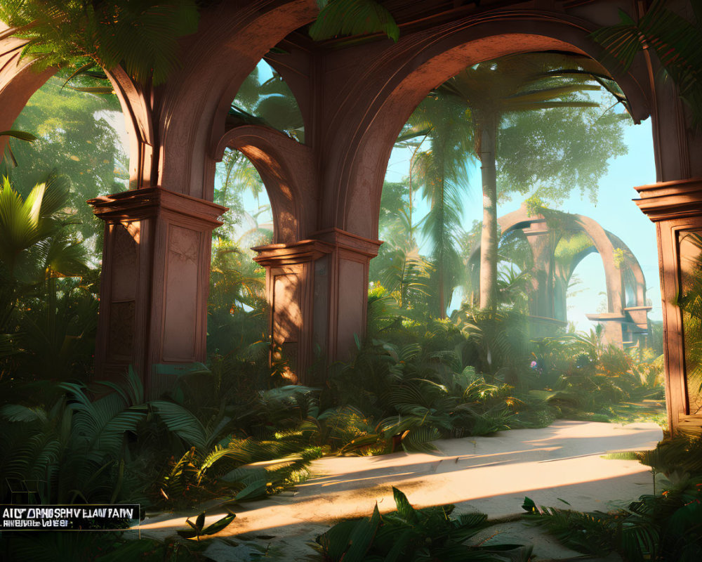 Sunlight filters through archway onto lush, overgrown ruin and ancient stone in tranquil forest.