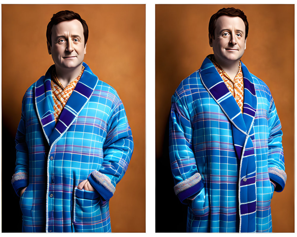 Man in Blue and Orange Plaid Coat with Scarf Against Orange Background