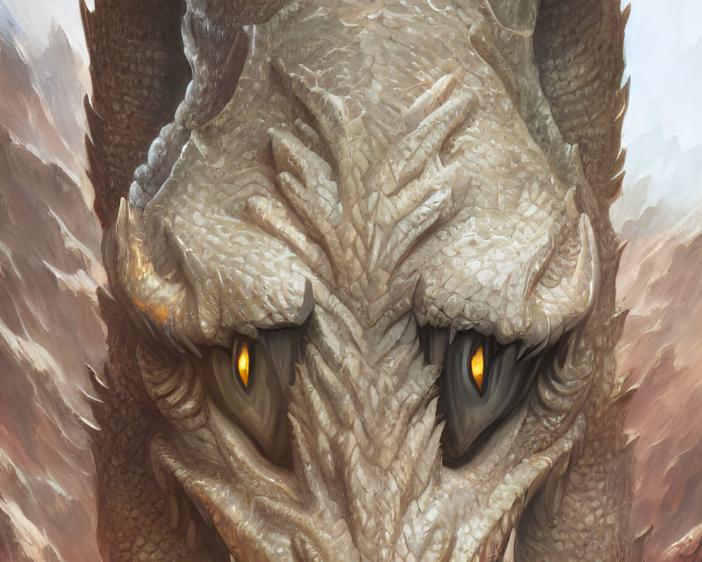 Detailed Dragon Head Illustration with Textured Scales and Sharp Teeth