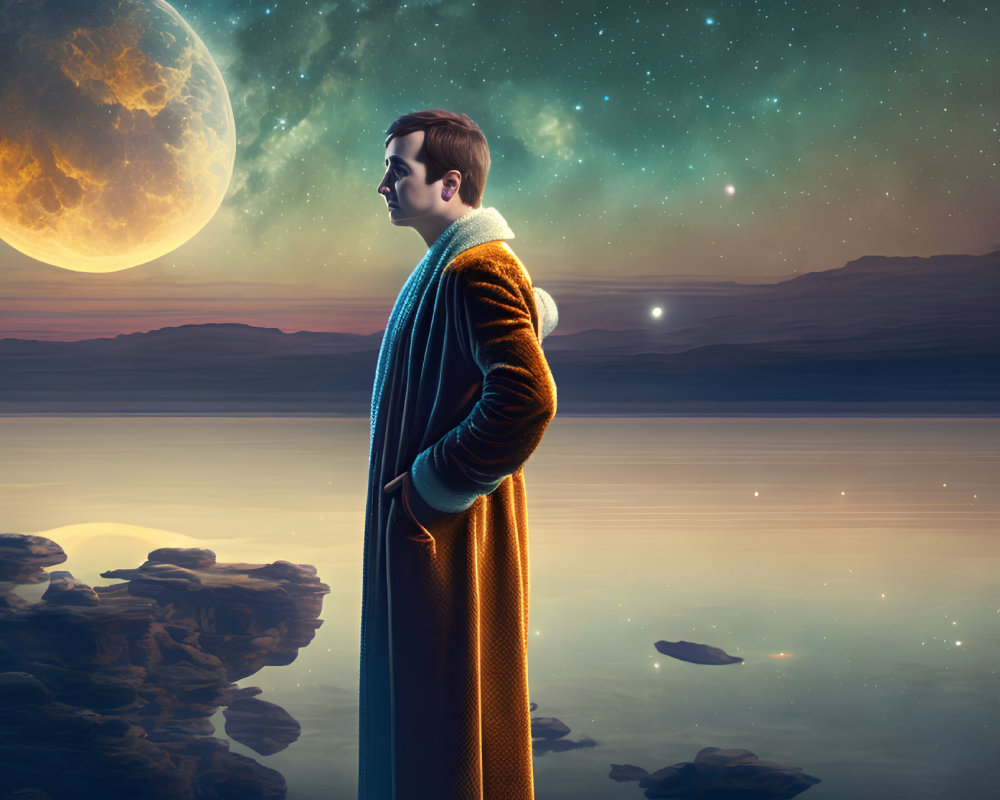 Person in Long Coat Contemplating by Serene Lake with Starry Sky and Moon