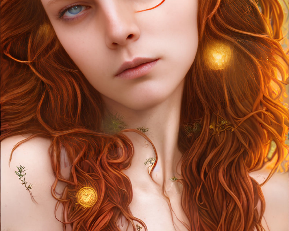 Vibrant red hair woman with golden patterns in mystical greenery