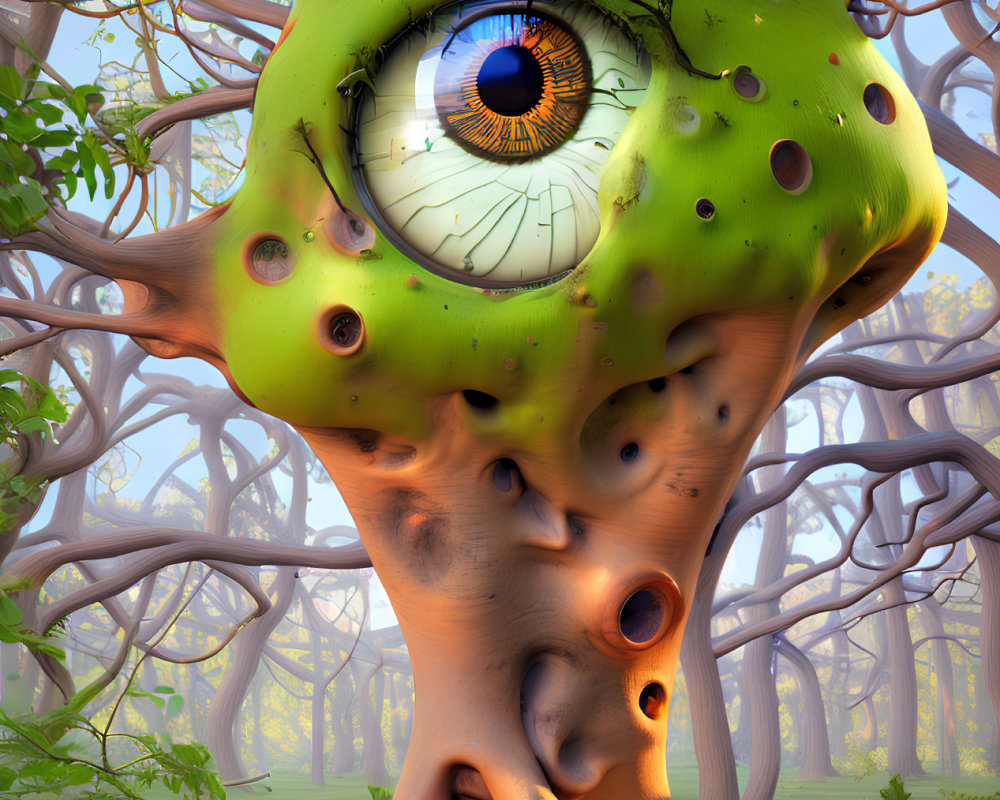 Vibrant surreal forest with large human eye tree