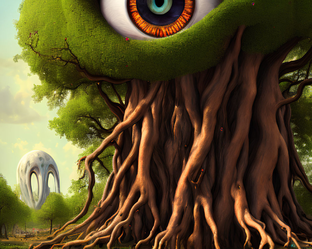 Surreal landscape with giant eye in tree, forest, tiny figures, whimsical architecture