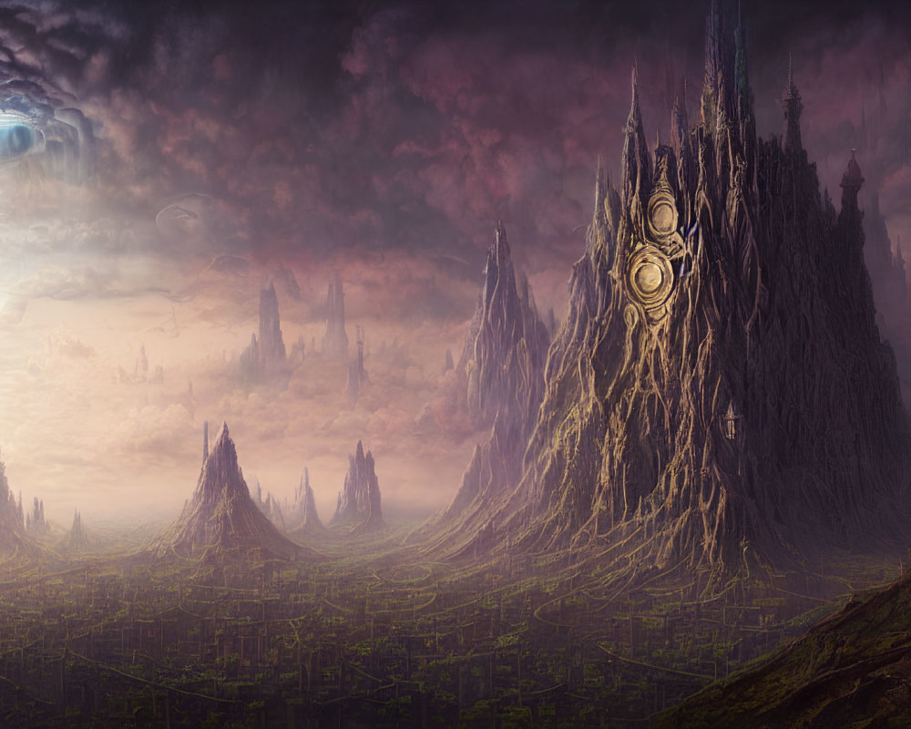 Fantastical landscape with towering spires and alien spaceship at sunset