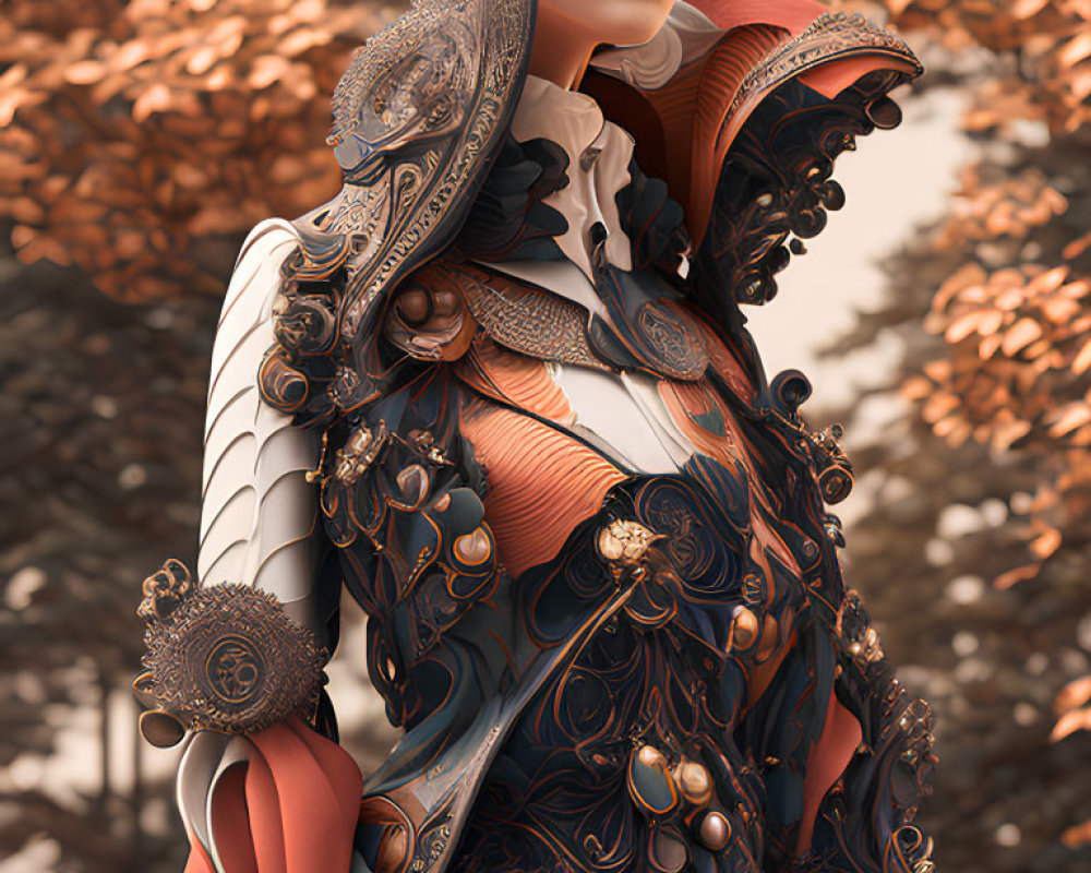 Digital Art: Female Figure in Elaborate Fantasy Armor in Orange, Blue, and Gray, Amid