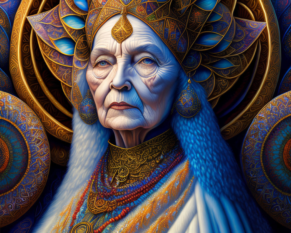 Regal elder woman in ornate blue and gold attire