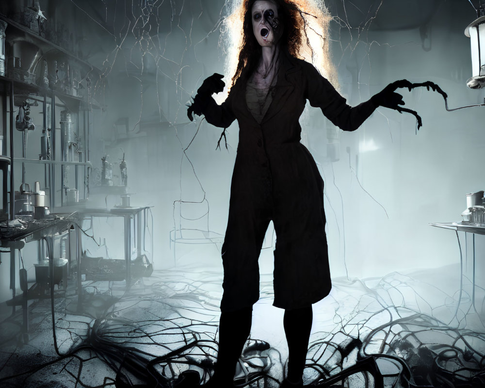 Spooky figure with wild hair and glowing eyes in eerie laboratory setting