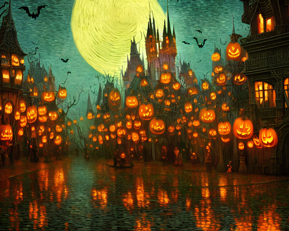 Spooky Halloween scene with jack-o'-lanterns, castle, bats, and full moon