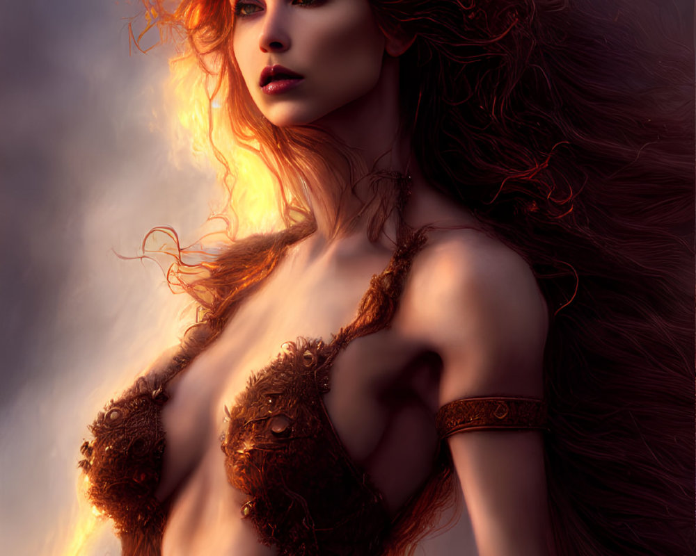 Fantasy artwork of woman with fiery red hair in bronze armor against cloudy sky