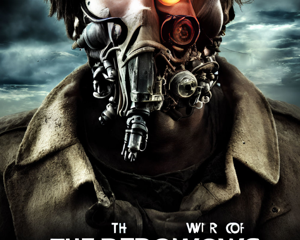 Gas Mask Person with Red Lens and Mechanical Parts on Stormy Sky Background